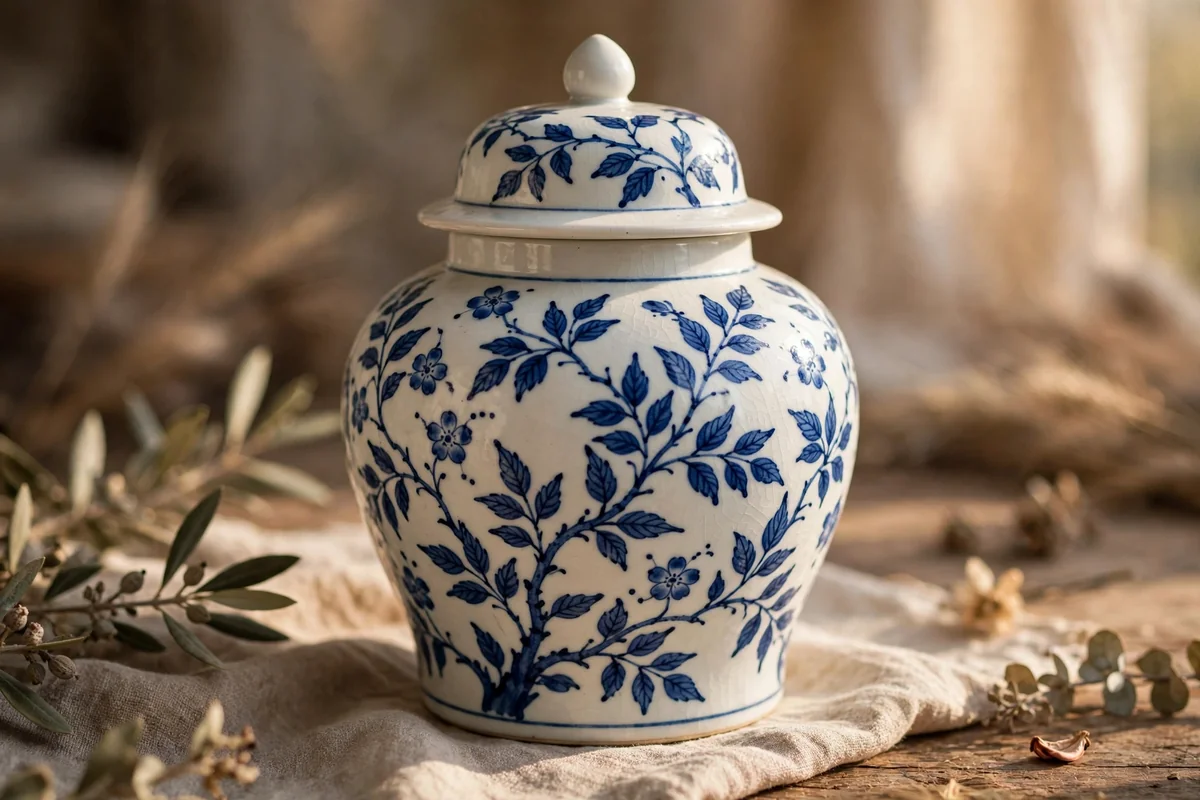 White ginger jar hand painted with cobalt blue leafy vines and small flowers