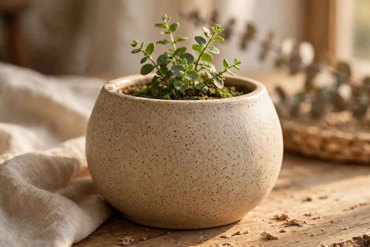 Rounded planter painted oatmeal beige with fine dark speckles and a green plant
