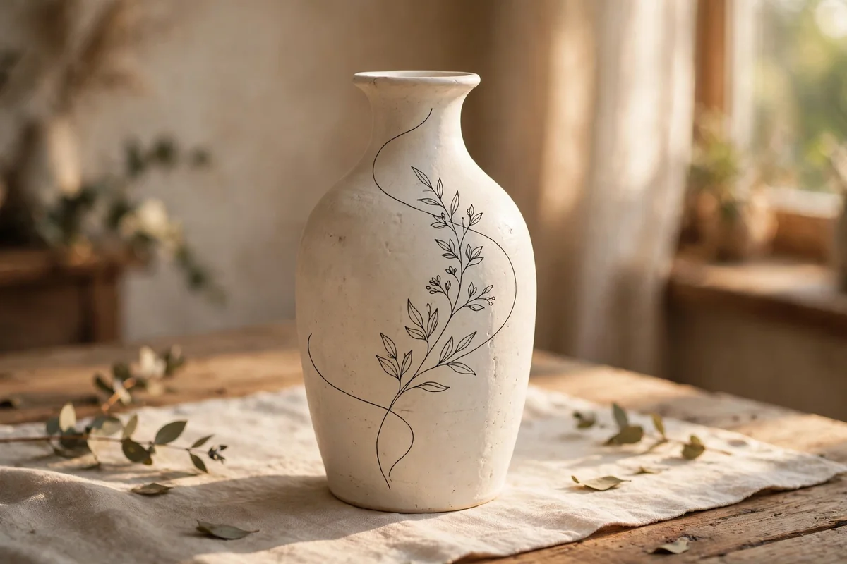 Off white vase with a single thin charcoal line drawing of a botanical stem