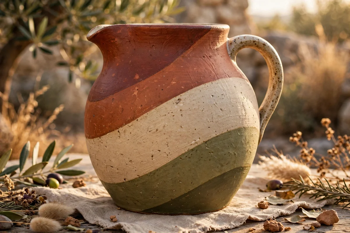 Ceramic jug painted with broad curved bands of terracotta, sand and olive