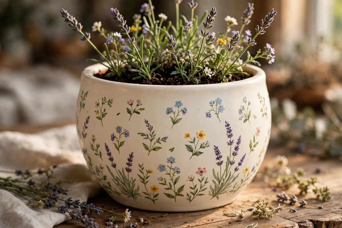 Cream flower pot hand painted with tiny scattered wildflowers and lavender sprigs