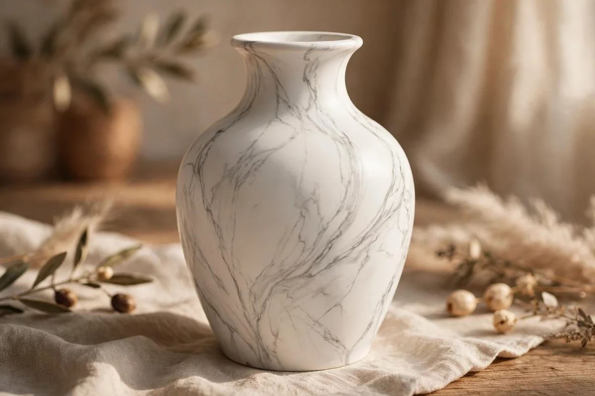 White vase painted with delicate grey marble veining and a satin sheen