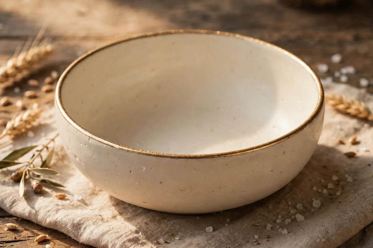 Shallow bowl painted warm ivory with one thin metallic gold rim line