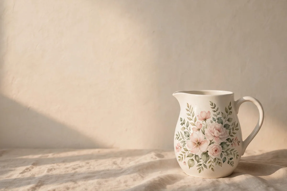 White pitcher painted with soft watercolour florals in blush pink and sage