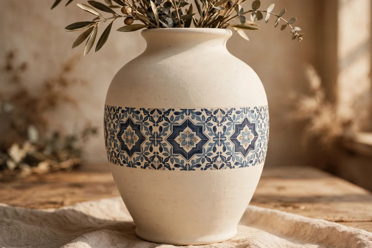 Cream vase with a tile inspired band in muted navy and dusty blue