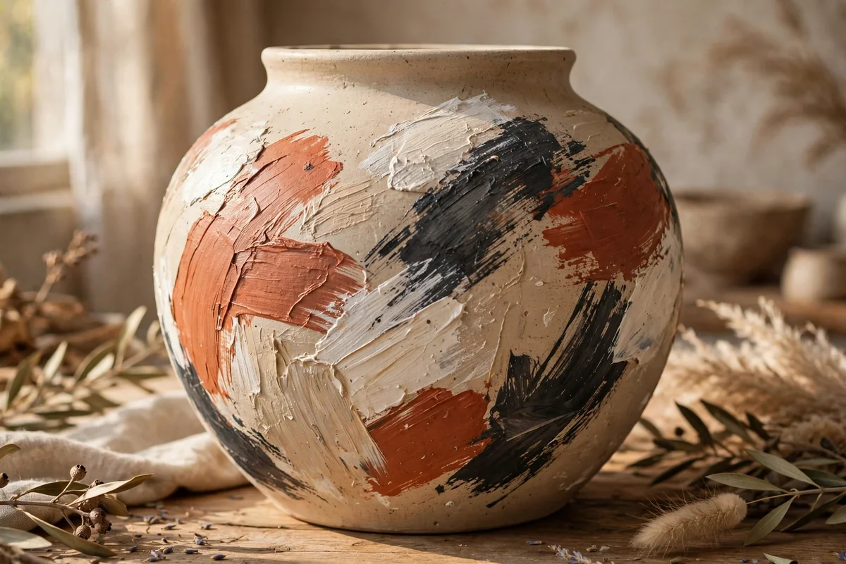 Wide vase painted with broad abstract brushstrokes in warm neutrals