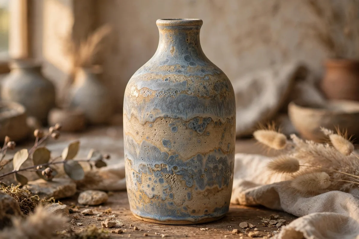 Bottle vase painted with sponged layers of blue grey and sand like a kiln glaze
