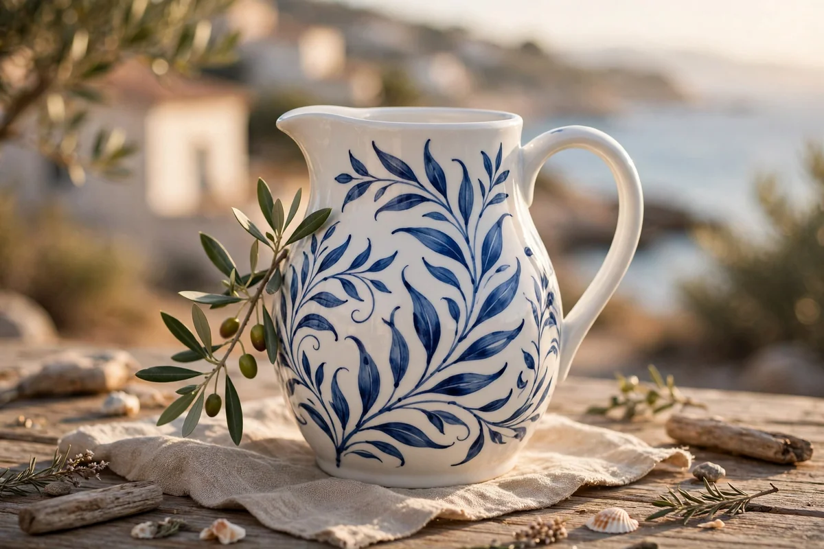White pitcher hand painted with flowing blue leaf motifs and an olive branch
