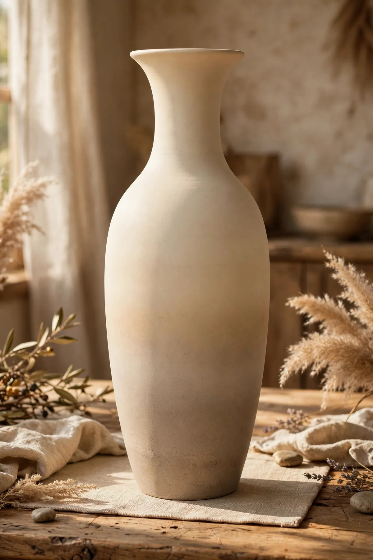 Tall vase painted with a smooth ombre fade from cream to stone beige