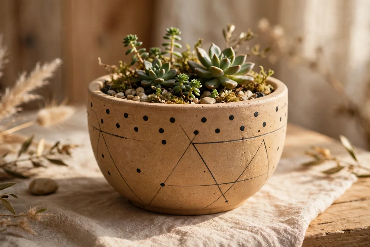 Stone coloured planter with simple charcoal dots and thin geometric lines