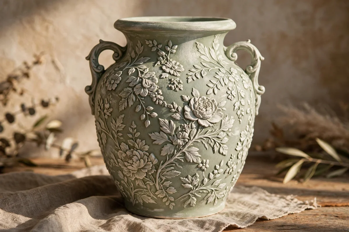 Ceramic urn with raised floral relief painted in a single sage colour