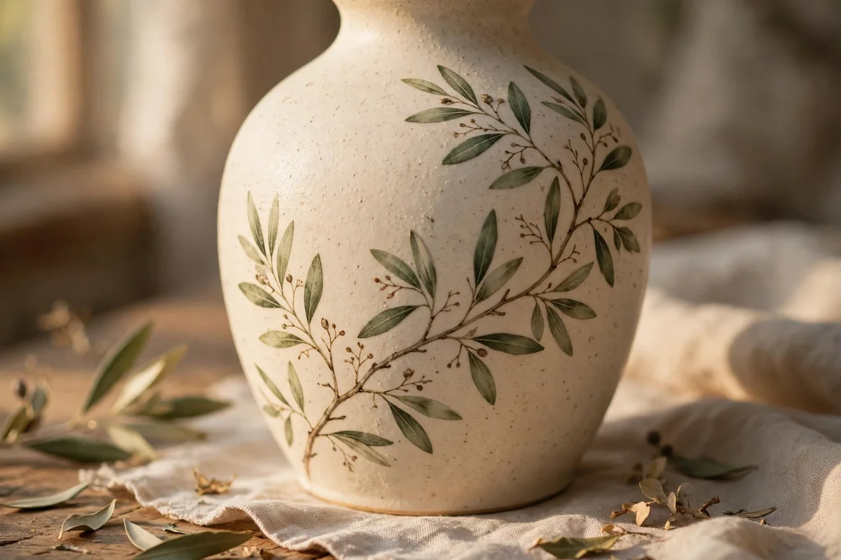 Ivory vase hand painted with a winding olive branch in muted greens
