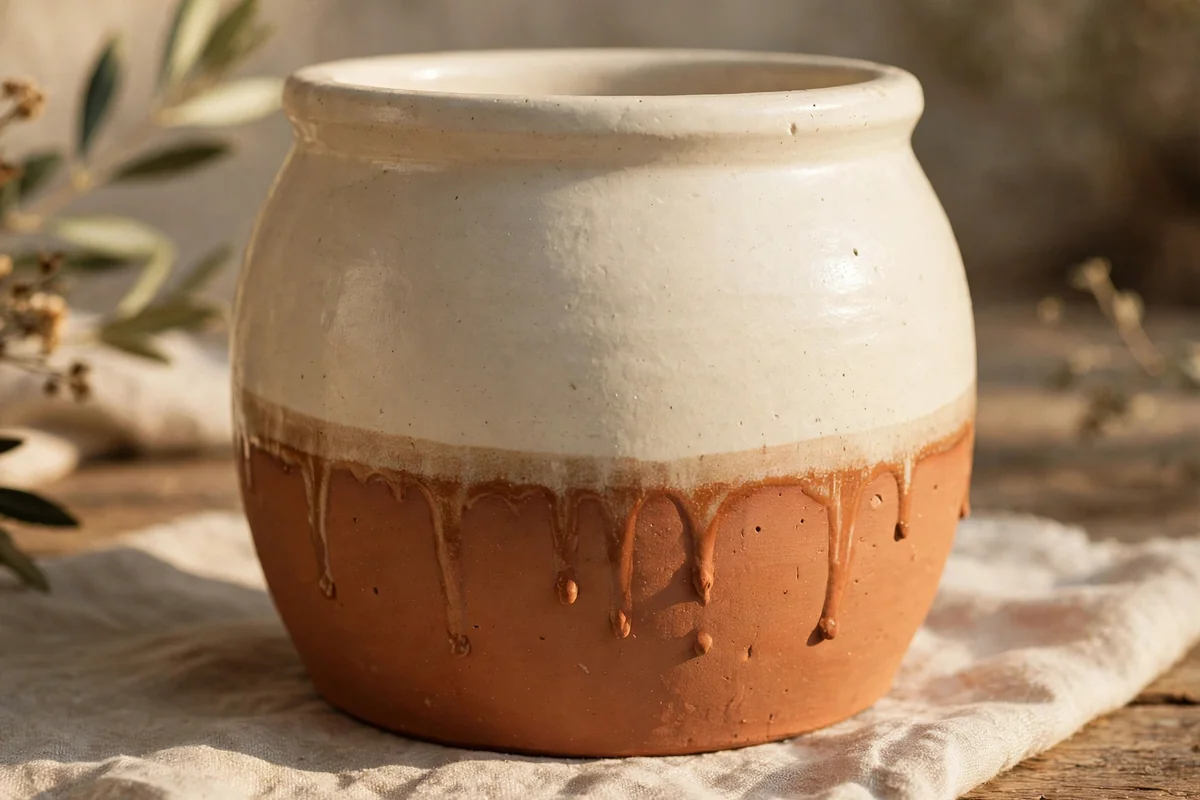 Ceramic crock painted cream with its lower third dipped in terracotta