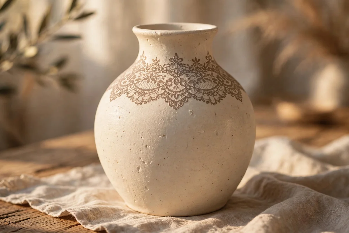 Cream vase with a stencilled lace like border in soft taupe around its neck