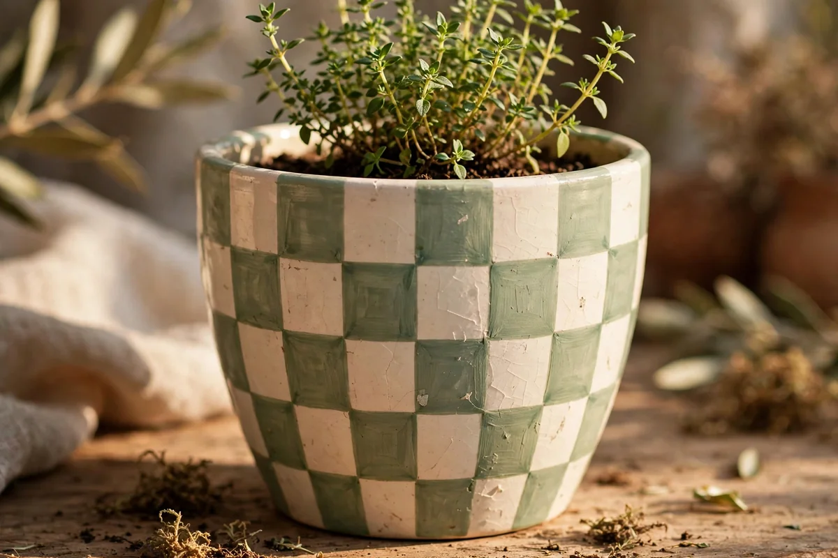 Plant pot painted with a soft sage and cream checkerboard pattern
