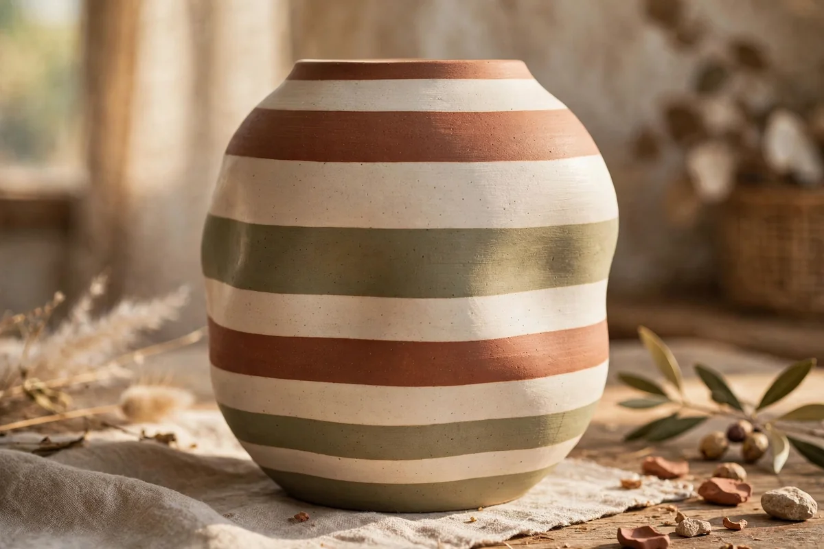 Organic shaped vase painted with horizontal stripes in clay, cream and olive