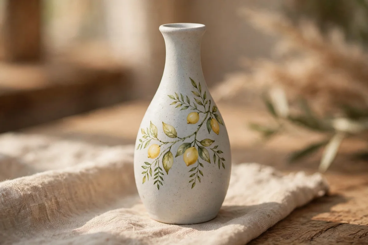 Pale grey bud vase hand painted with a small lemon branch motif