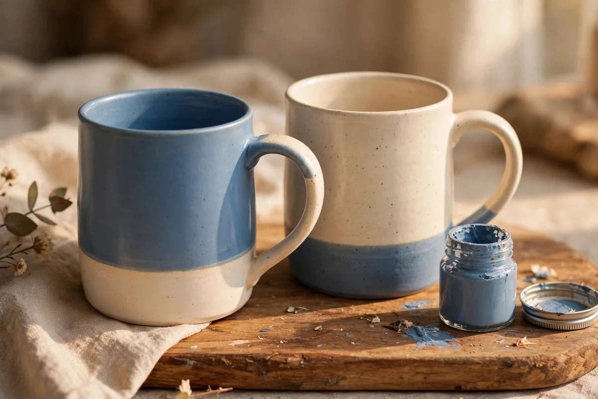Pair of ceramic mugs painted as a two tone gift set in dusty blue and cream