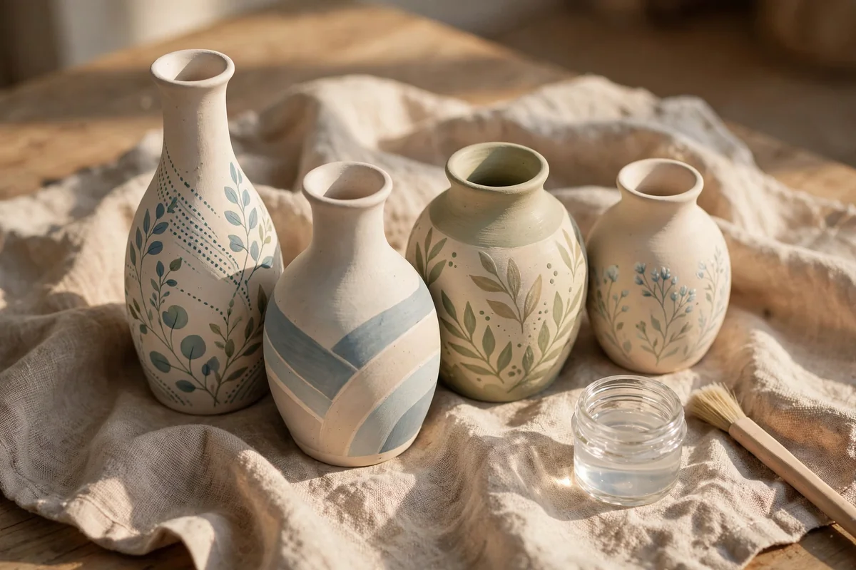 Group of four finished painted vases with a pot of clear sealant and a soft brush