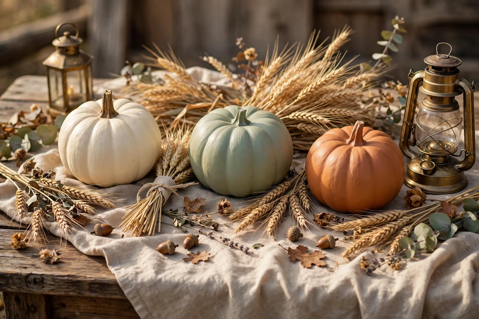 Cream, sage and clay painted pumpkins styled with dried wheat and brass lanterns on a harvest table.