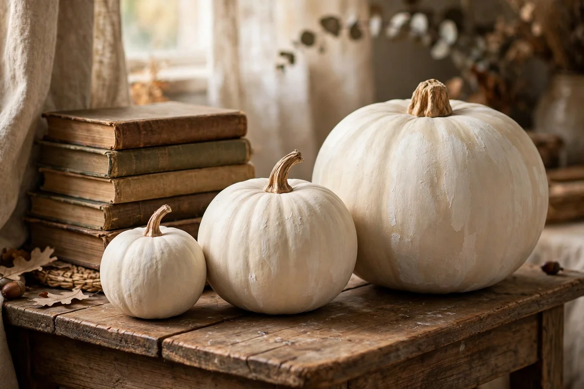 Cream chalk-painted pumpkins in mixed sizes styled with old books on a wooden table.