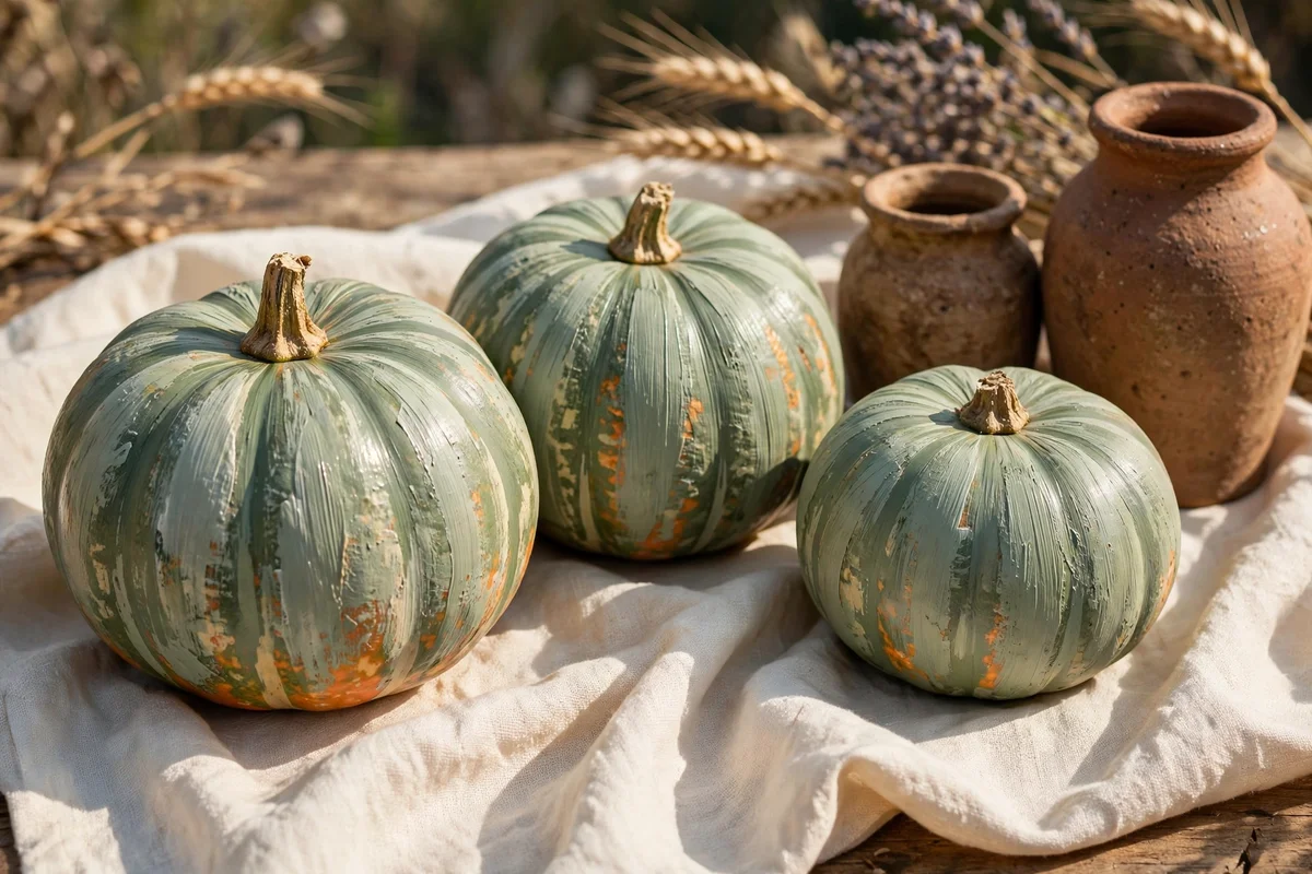 Pumpkins hand-brushed with sage green stripes over cream, styled with clay jars.