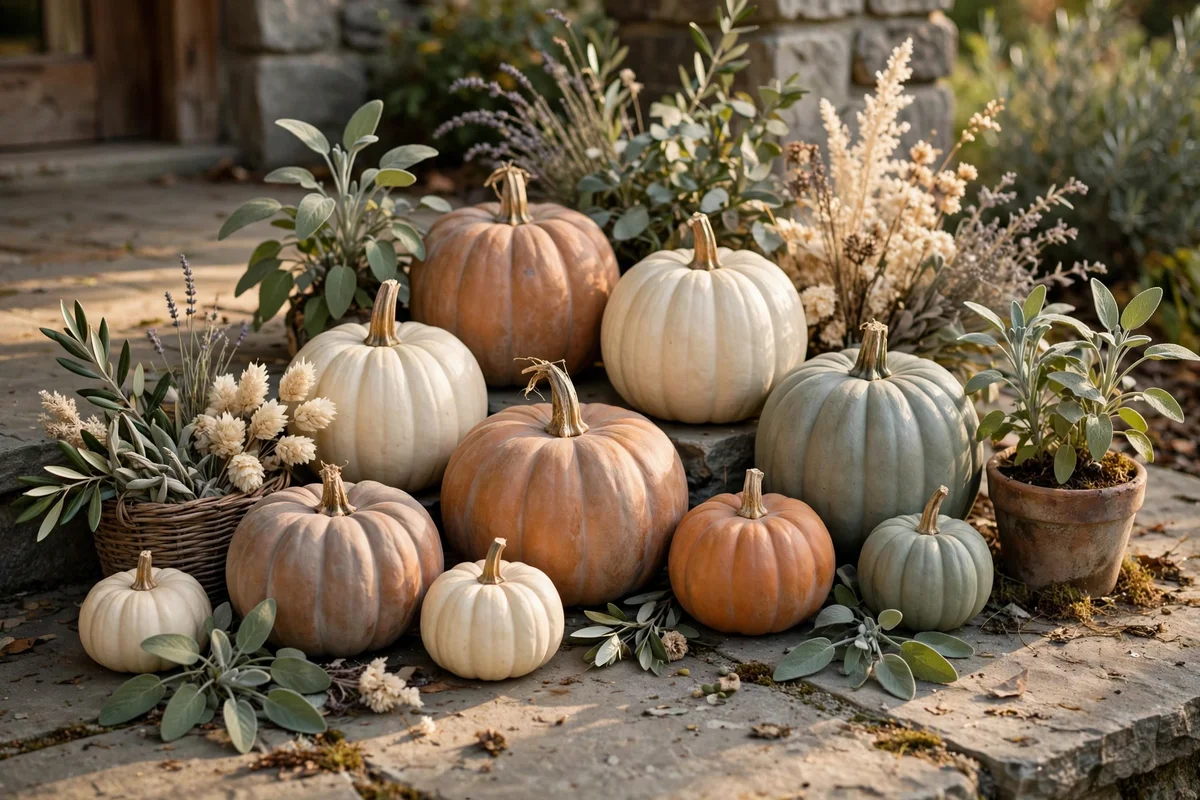 Muted clay washed pumpkins with cream and sage companions on a stone porch.