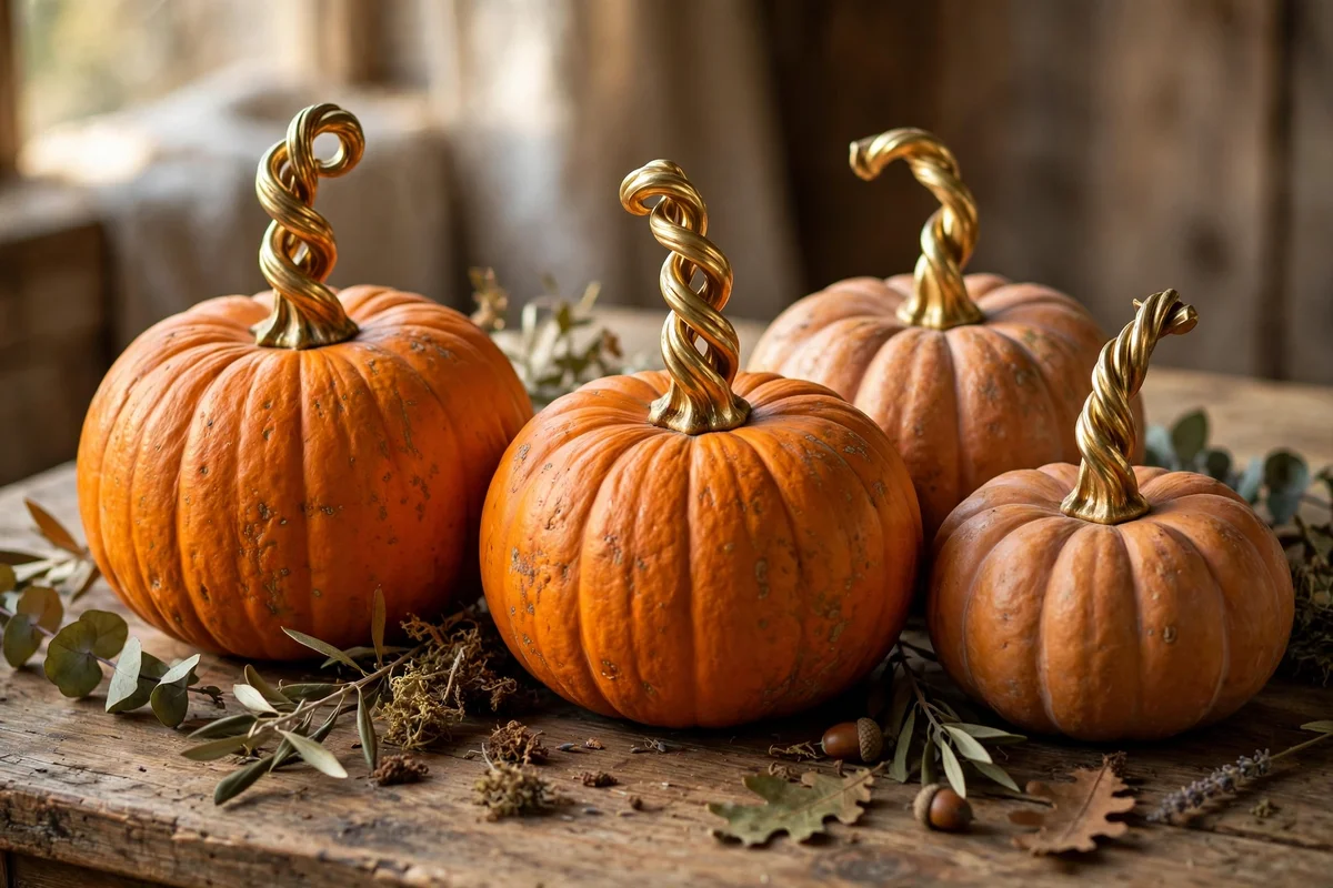 Real pumpkins with brass gilded stems arranged on a wooden table.