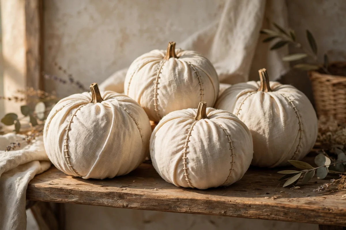 Small pumpkins wrapped in cream linen with hand-stitched seams on a shelf.