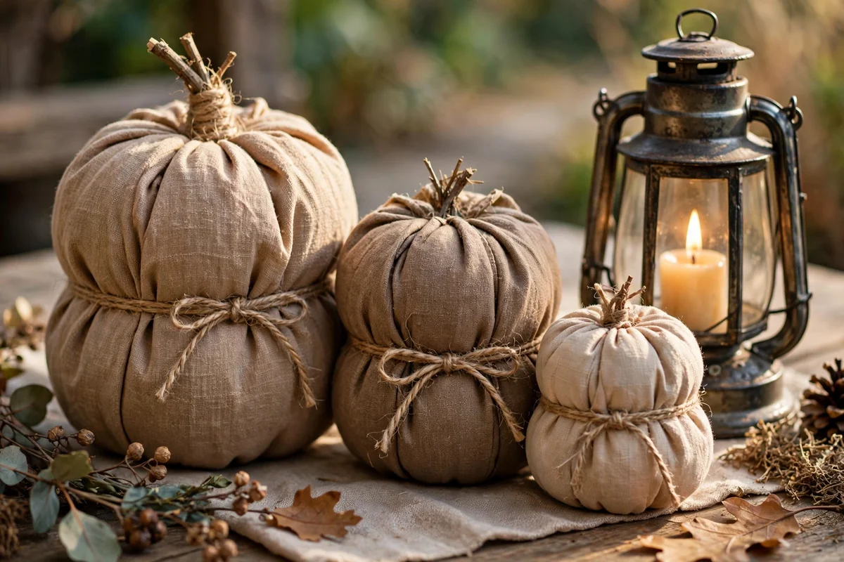 Fabric pumpkins cinched with twine beside a candle lantern on an entry table.