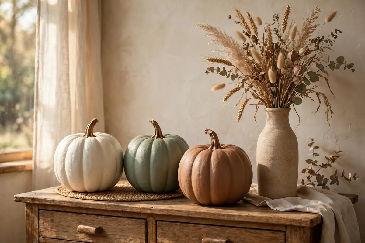 Three painted pumpkins with dried grasses in a tall jug on a console table.