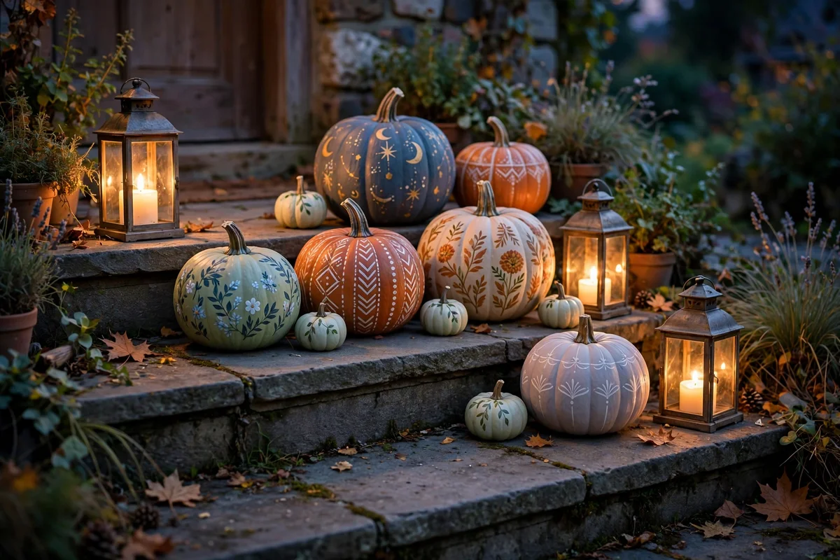 Painted pumpkins of mixed sizes with glowing lanterns on stone porch steps.