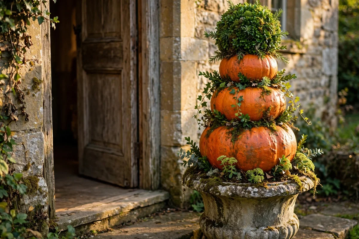 Pumpkin topiary stacked in a weathered stone urn beside a doorway.