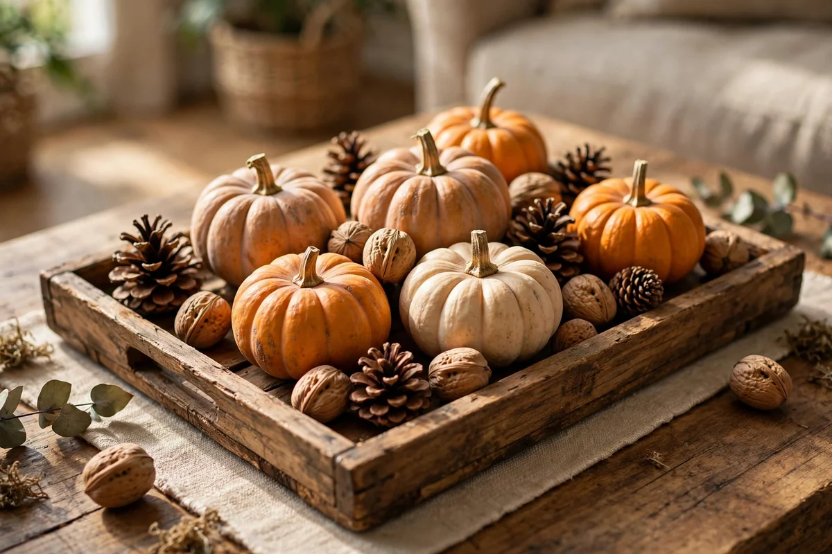Mini pumpkins with pinecones and walnuts arranged in a low wooden tray.