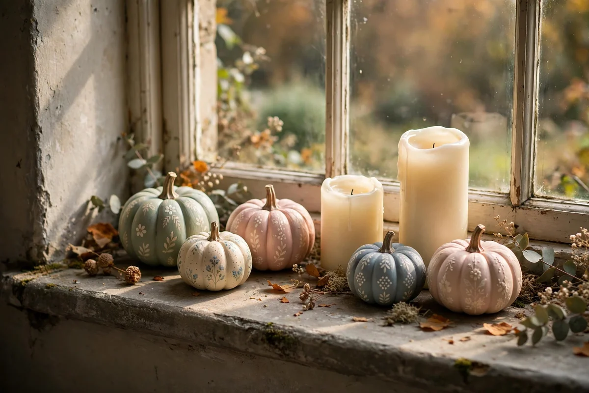 Painted pumpkins and cream pillar candles along a deep window sill.
