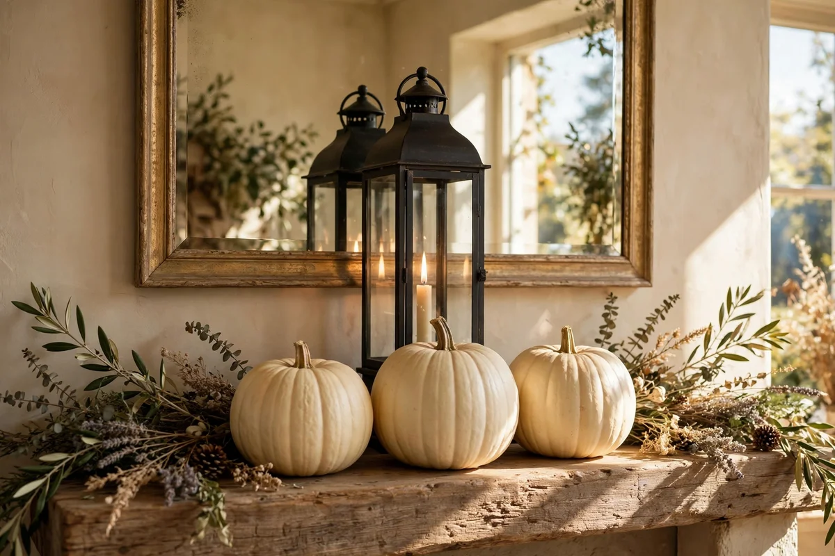 Tall lantern behind three cream pumpkins on a mantel with a mirror.