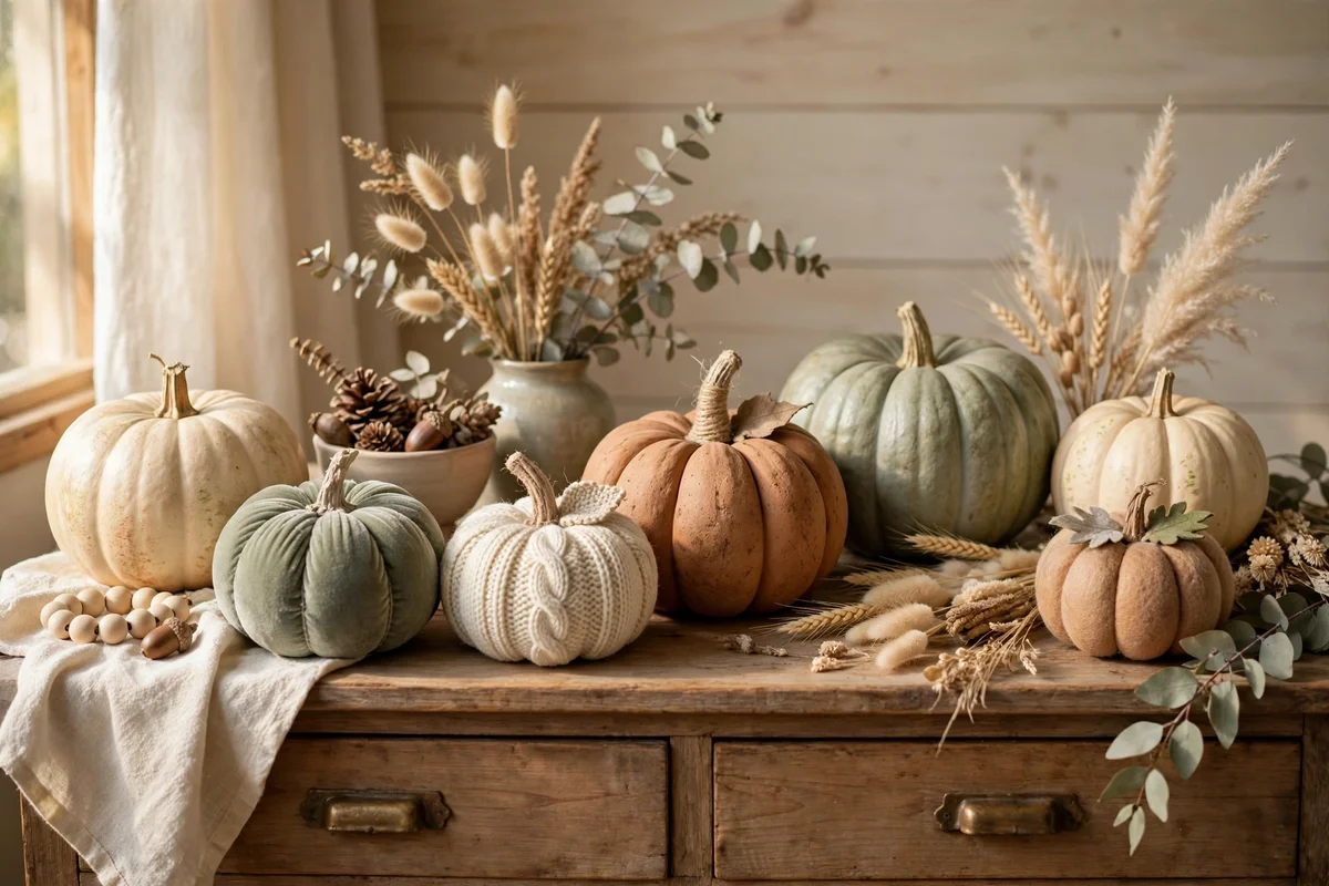 Mixed real and craft pumpkins in matching tones on a sideboard.
