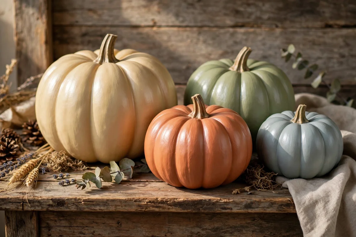 Painted pumpkins with a gentle beeswax sheen on a rustic wooden shelf.