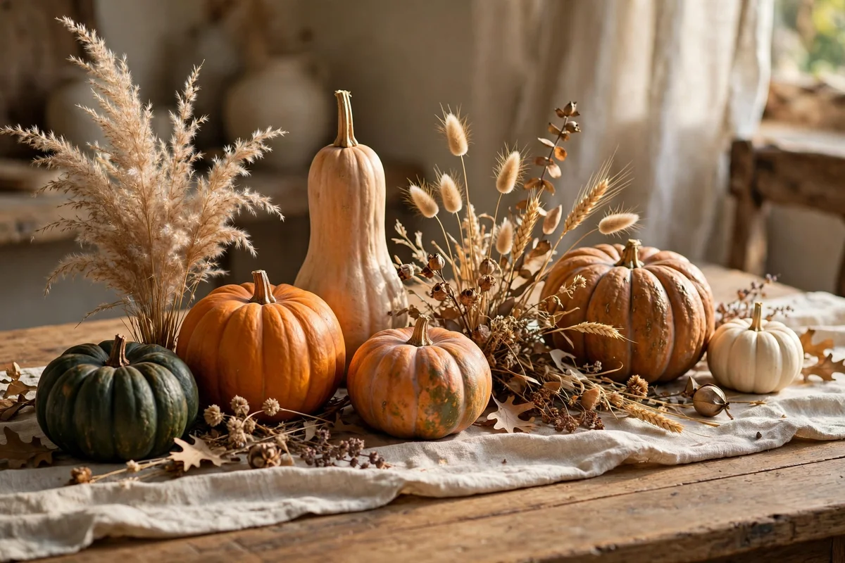 Pumpkins of varied heights on a linen runner with dried grasses on a dining table.