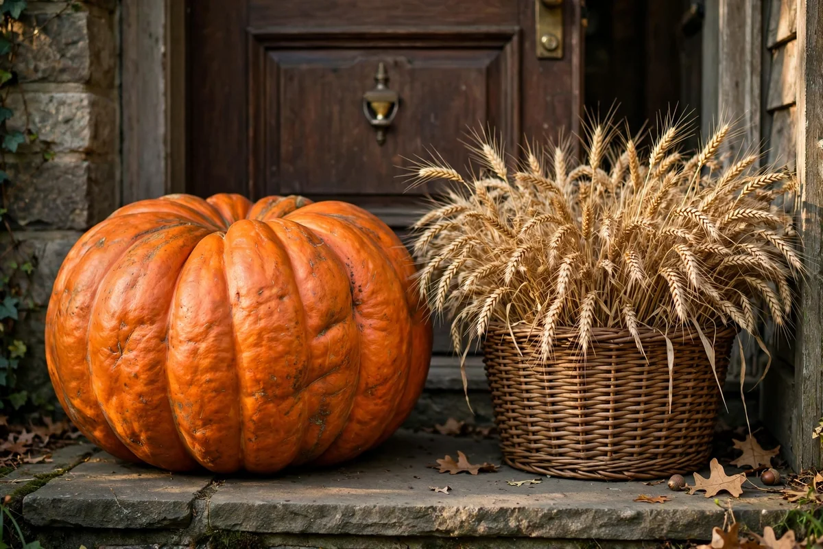 Large statement pumpkin beside a wicker basket of dried wheat at a front door.