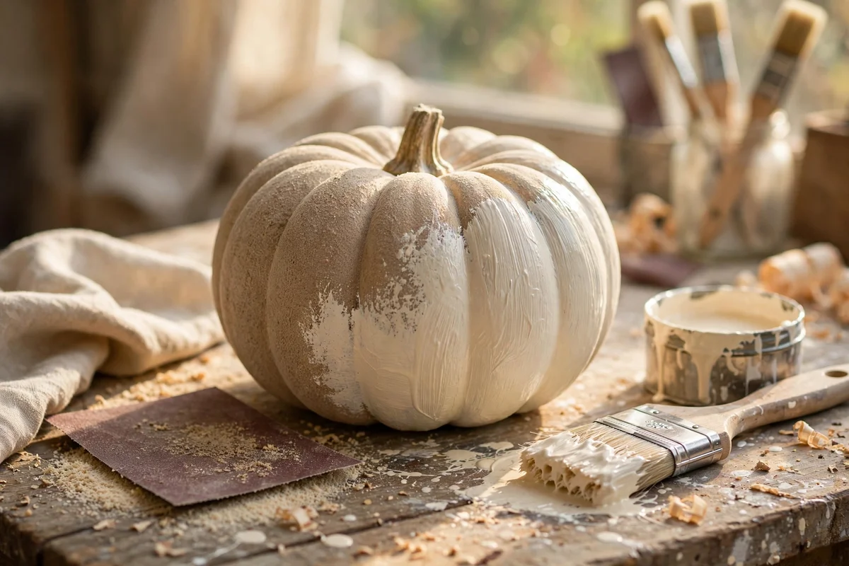 Craft pumpkin being repainted cream on a worktable after light sanding.