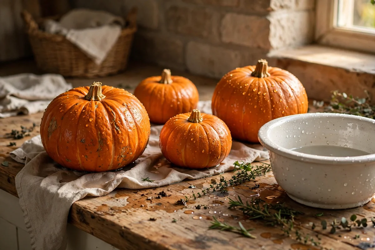 Real pumpkins drying on a kitchen counter after a vinegar wash.
