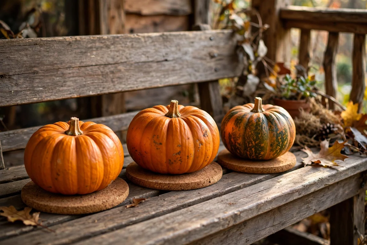 Real pumpkins on cork coasters on a wooden porch bench.