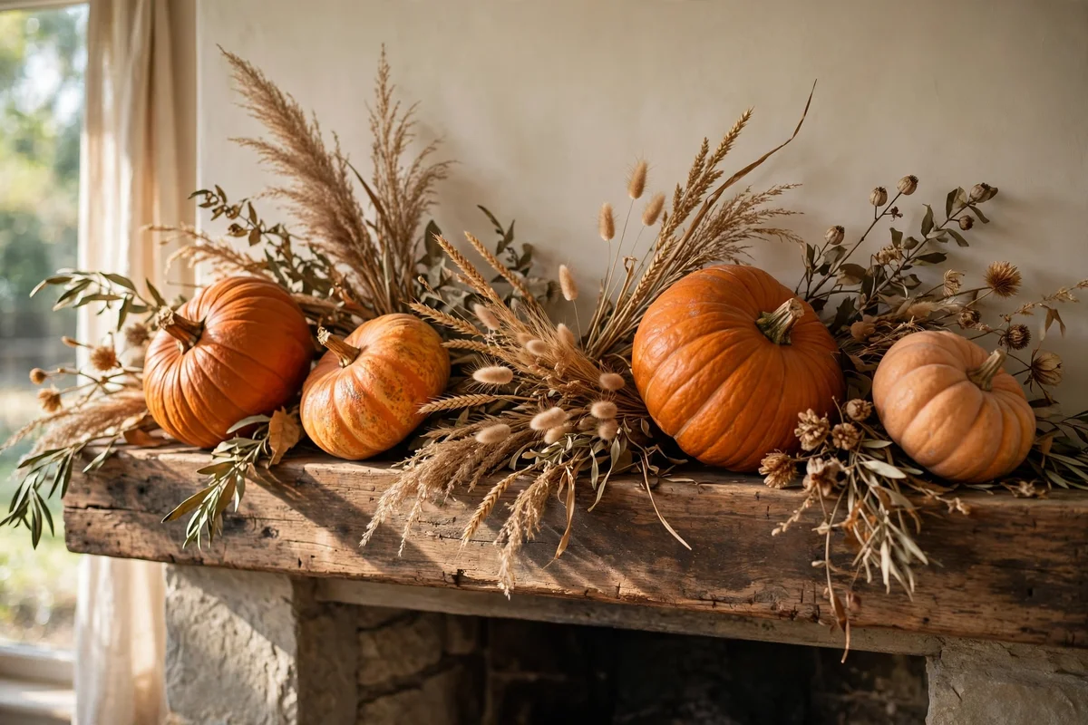 Pumpkins with dried grasses on a mantel, freshly rotated.