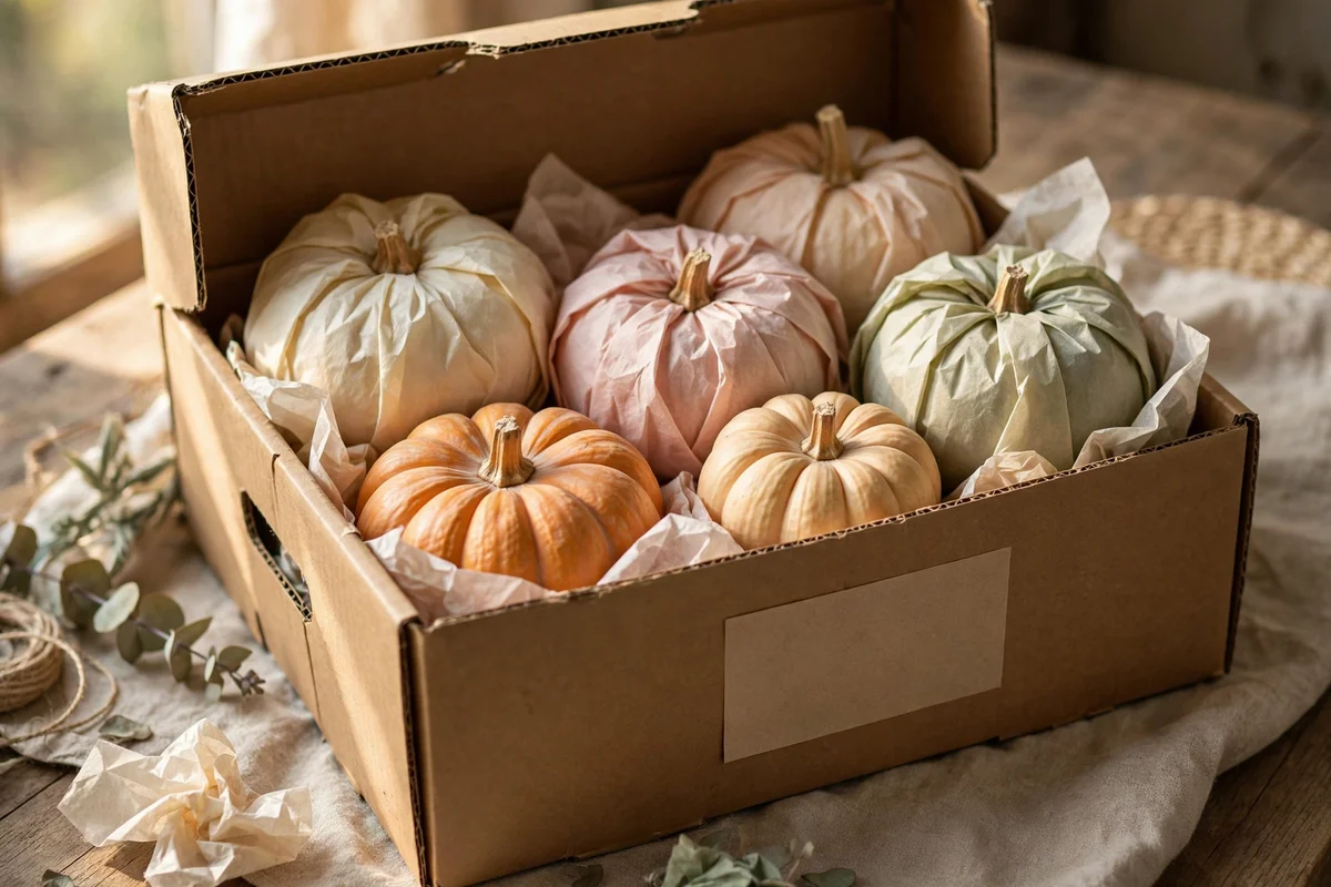 Craft pumpkins wrapped in tissue inside a labelled storage box.