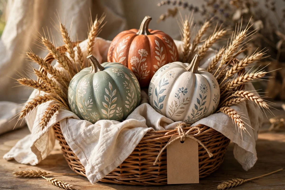 Gift basket of three painted pumpkins in muslin with dried wheat.