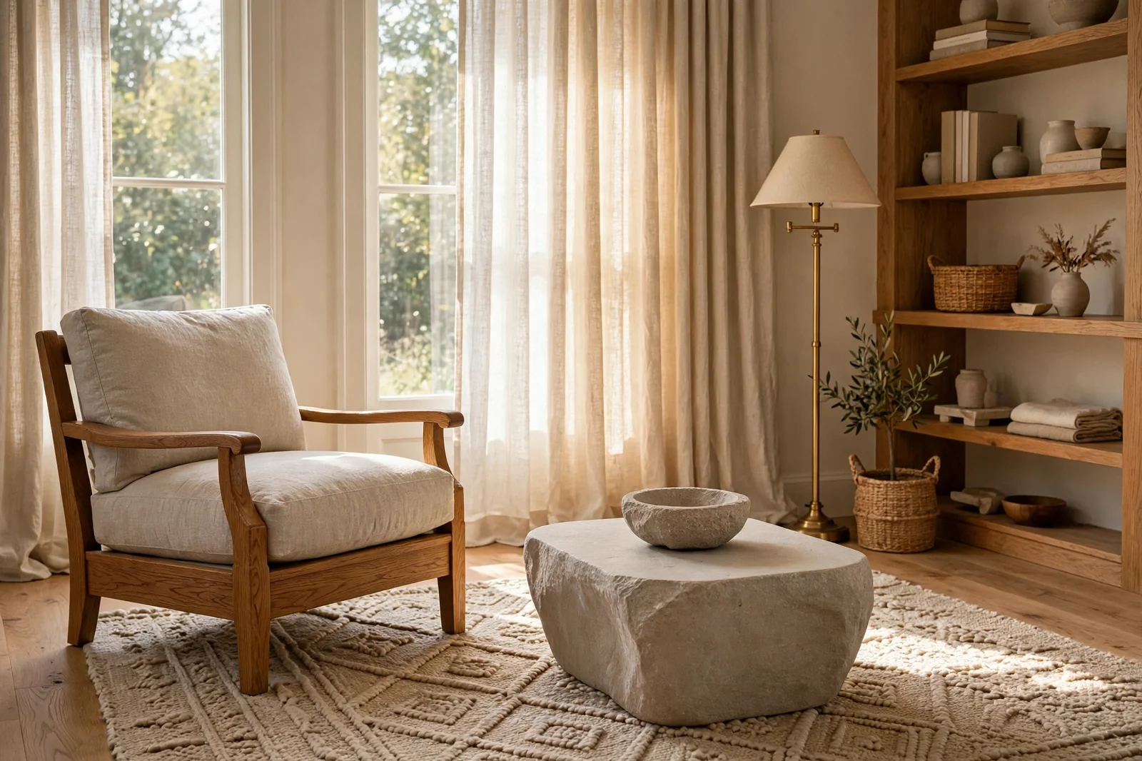 Calm neutral living room with oak armchair, wool rug, stone coffee table and linen curtains in warm daylight