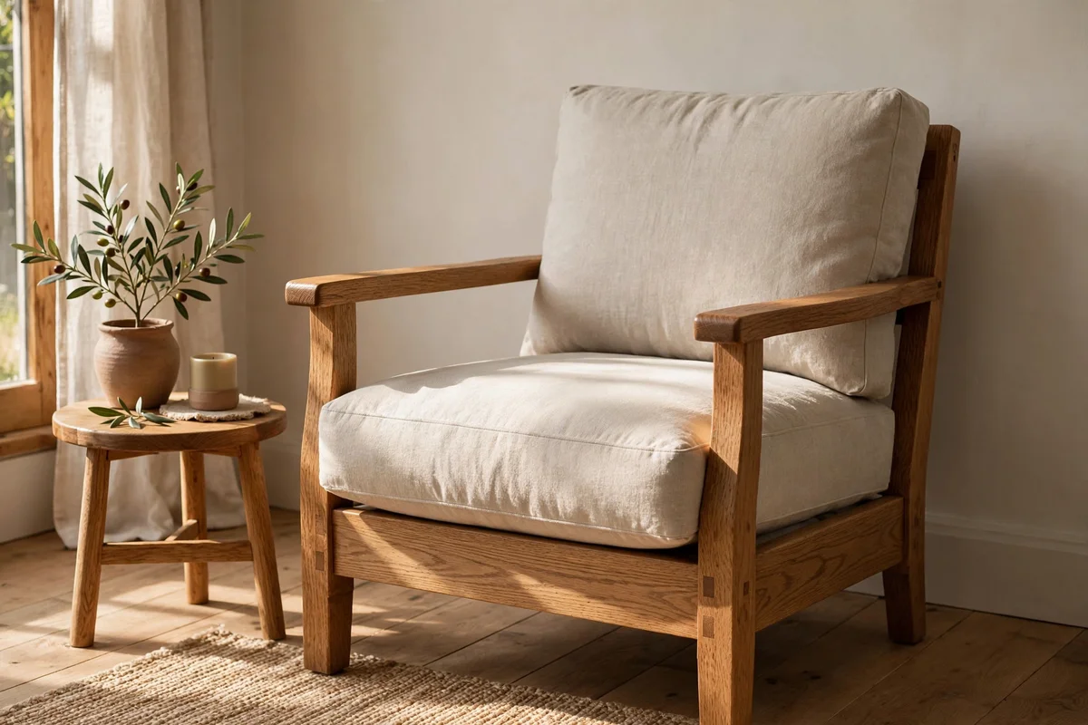 Solid oak armchair with oatmeal linen upholstery in a calm neutral living room