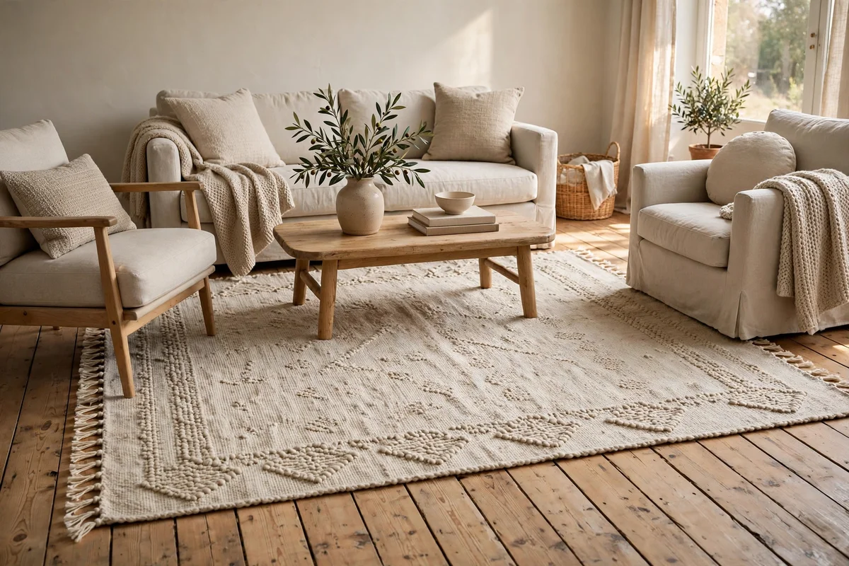 Hand-knotted wool rug in soft oatmeal under a neutral seating group