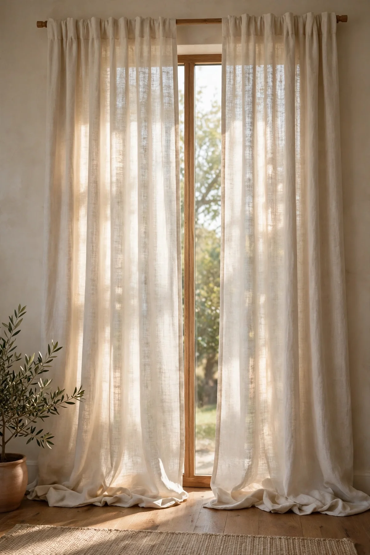 Floor-to-ceiling warm white linen curtains glowing with soft daylight